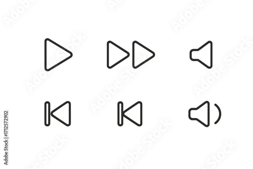 Minimalist media player icons set for web and app design, play, fast forward, volume control, rewind, with transparent background, simple line art vector, user interface elements