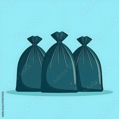 Vector illustration of three full black garbage bags on a light blue background, symbolizing waste disposal, trash management, and sanitation issues.