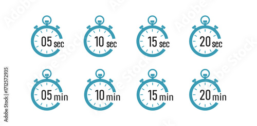 Timer stopwatch icons set. Countdown clock symbol with 5, 10, 15, 20 seconds and minute time vector illustration.