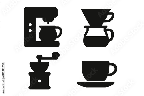 Minimalist silhouette icons of coffee makers and accessories, including espresso machine, pour-over, manual grinder, coffee cup with saucer, vector flat design set
