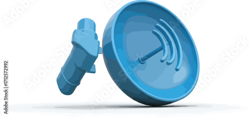 Blue satellite dish icon representing wireless communication, network technology, and global connectivity on a white background