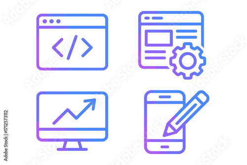 Modern gradient line icons set for web design, software development, coding, SEO analytics, and mobile content creation concepts, vector illustration with transparent background