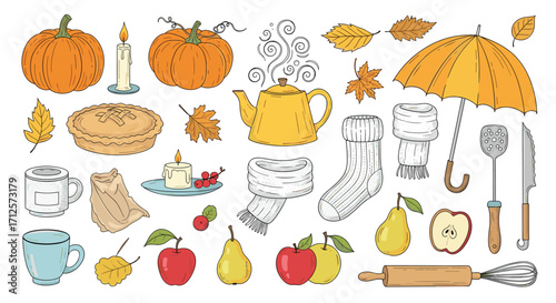 Cozy autumn elements collection representing harvest season and warm drinks.