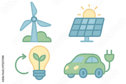 Modern renewable energy technology icons in soft colors. Vector cartoon illustrations of wind turbine, solar panel, eco lightbulb, electric car. Sustainable power, green energy set.