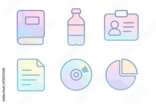 Pastel gradient icons set with book, bottle, ID card, document, disc, and pie chart - vector cartoon illustration with transparent background, office, education, business symbols