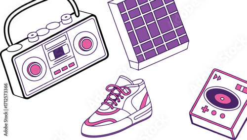 Vibrant 80s retro vibe elements: boombox, sneaker, solar panel and DJ mixer for a nostalgic feel