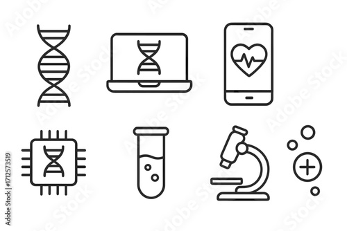Minimalist DNA and Technology Icons Set for Biotechnology and Health Applications, Medical Research, Genetic Science, Lab Testing, Microscope and Digital Health Symbols Vector