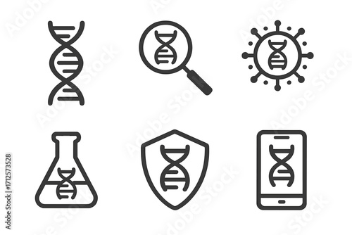 Minimalist DNA and Technology Icons Set for Biotech and Health Applications, Vector Cartoon Illustrations with Transparent Background, Genetic Research and Mobile Health Symbols Collection