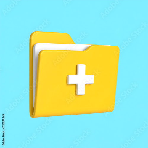 Bright yellow folder with a white medical cross symbol, representing healthcare records, digital files, and secure data storage on a blue background.