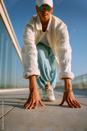Low angle close-up of ultra plus-size East Asian woman in runner pose on rooftop under clear blue sky
