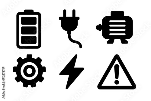 Silhouette energy icons set with battery, electric plug, motor, gear, lightning bolt, and warning triangle symbols, vector cartoon illustration, transparent background, ordered collection