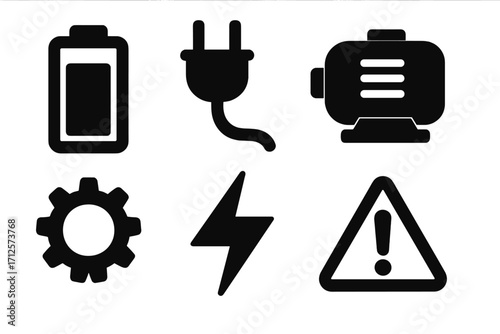 Silhouette Energy Icons Set Including Battery Plug Motor Gear Lightning Warning Triangle Vector Cartoon Illustration Transparent Background Ordered Collection