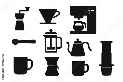 Silhouette coffee brewing equipment icons set for home barista, manual grinder, French press, pour-over dripper, kettle, coffee mugs, drip coffee maker, AeroPress