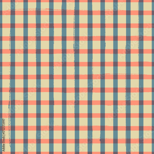 Vector checked seamless pattern with grunge texture in yellow, orange and grey color. Bright texture print.