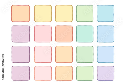 Soft pastel color swatches arranged in an artistic grid for design inspiration and color palette selection, vector cartoon illustration with transparent background, ordered layout