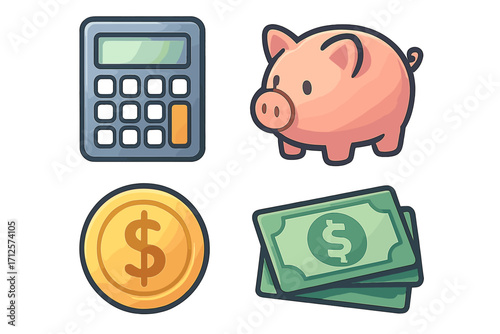 Soft gradient financial icons set with calculator, piggy bank, gold coin, and dollar bills. Vector cartoon illustration with transparent background, money, savings, and finance concept.