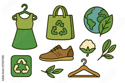 Sustainable fashion icons eco-friendly clothing and accessories with recycling symbols, cotton plant, earth globe, green leaves, eco-conscious shoes, and wooden hanger for environmental awareness