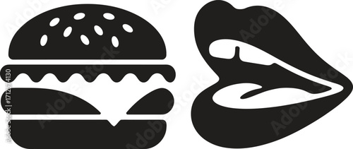 Stylized black silhouette of a hamburger next to open lips