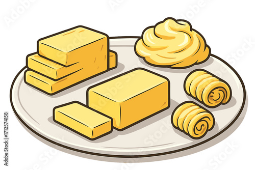 Various butter presentations with slices, creamy spread, and rolled curls on a plate, vector cartoon illustration, dairy food, cooking ingredient, breakfast concept, fresh yellow butter display