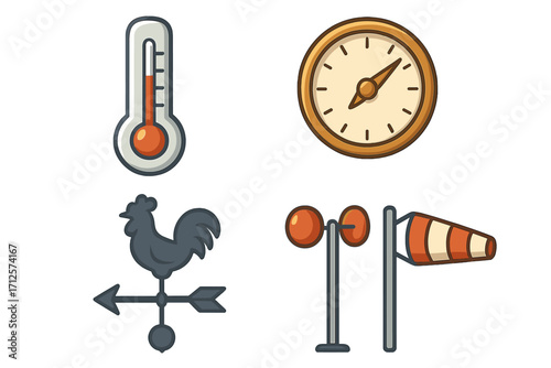 Weather measurement icons set with thermometer, barometer, wind vane, wind sock, cartoon vector illustration, transparent background, meteorology instruments, weather tools collection