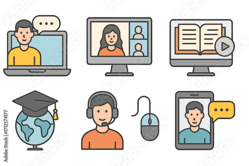 Virtual communication and online learning icons collection, digital education symbols, video call, e-learning concepts, global online study, chat support, education technology, distance learning icons