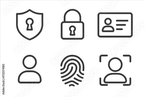 Minimalist security and identification icons set for digital interfaces, including shield lock, padlock, ID card, user, fingerprint, and face recognition. Transparent background vector illustration.