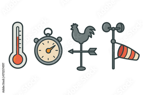 Weather measurement icons set including thermometer, stopwatch, rooster weather vane, and wind socks, vector cartoon illustrations with transparent background, meteorology instruments