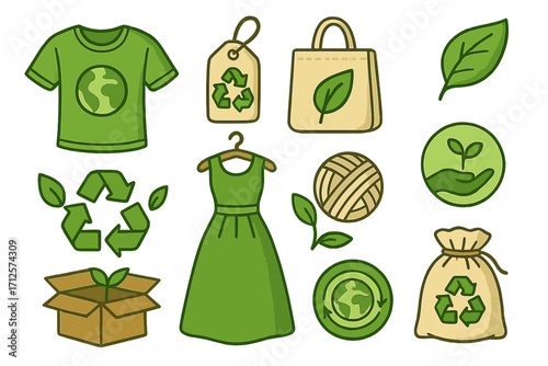 Sustainable fashion icons with eco-friendly elements, environmental awareness symbols, green clothing, recycling, organic materials, natural fibers, eco-conscious lifestyle vector set