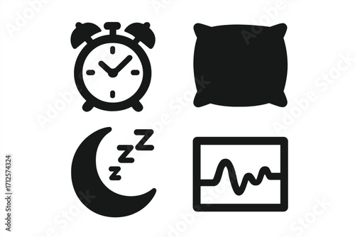 Sleep icon set. Insomnia, sleep cycle, bedtime concepts. Vector symbols of pillow, alarm clock, moon Zzz, and sleep monitoring wave. Circadian rhythm and healthy rest.