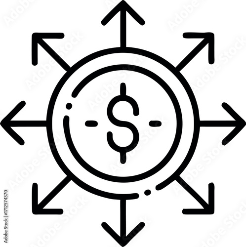 Vector art of dollar coin with arrows pointing in all directions illustration design