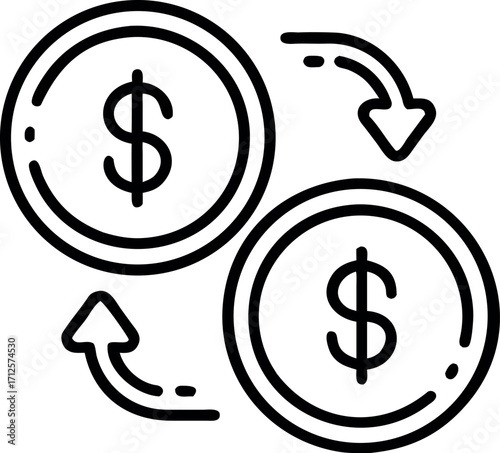Vector art of two dollar coins with exchange arrows, illustration design.