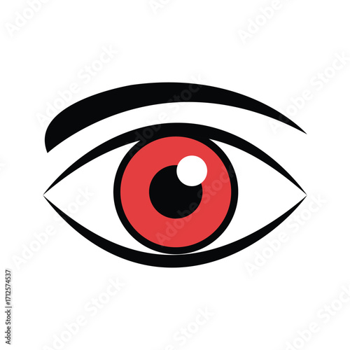 A eye with a red iris, outlined in black appears on white background