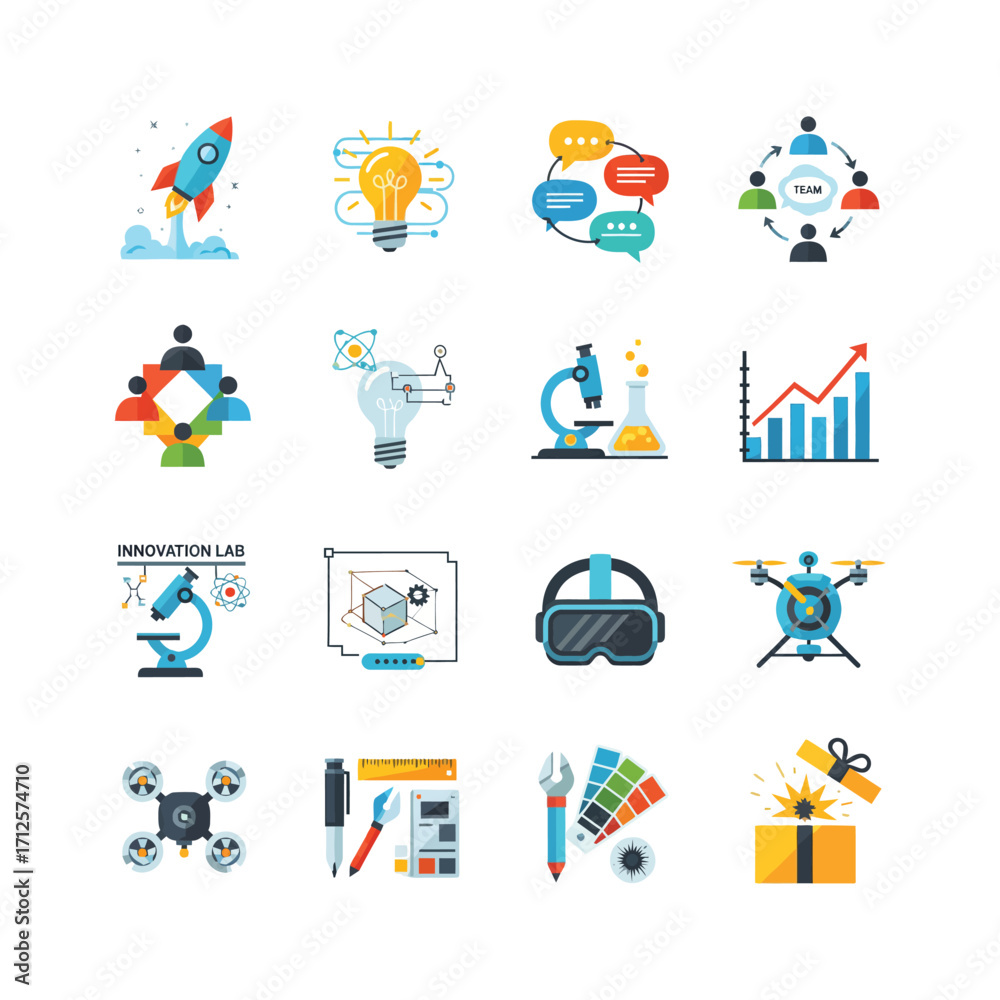 Fototapeta premium Collection of technology and innovation symbols representing concepts like startups, collaboration, research and development, and creative solutions on a white backdrop.