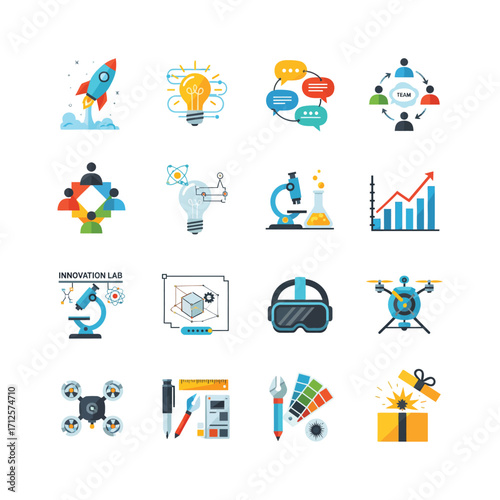 Collection of technology and innovation symbols representing concepts like startups, collaboration, research and development, and creative solutions on a white backdrop.