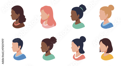 Diverse silhouette avatars: flat style collection of people in profile view