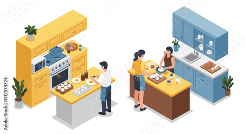Colorful isometric kitchen interior with people cooking and baking
