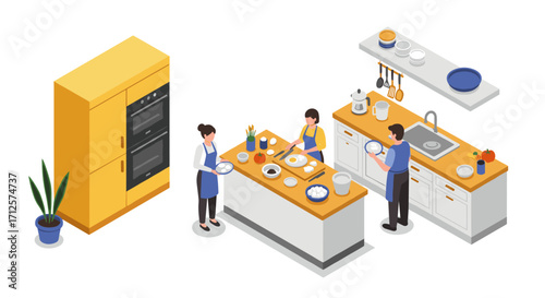 Modern kitchen cooking scene with people in isometric design