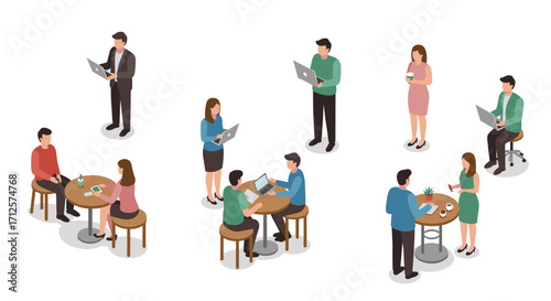 Modern office isometric scenes: professionals collaborating and networking