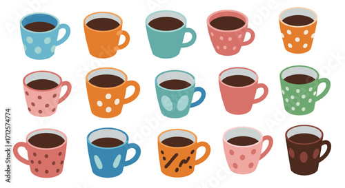 Colorful patterned coffee mugs on white background