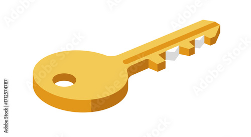 Golden key in isometric style on white background for security concepts