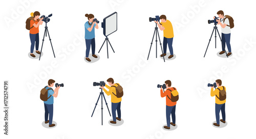 Isometric people taking photos with cameras and tripods in various positions