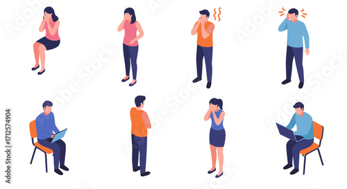 Isometric people expressing emotions: stress, sadness, and communication in office settings