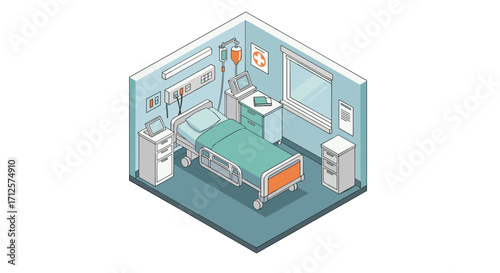 Isometric hospital room with bed and medical equipment in minimalist design