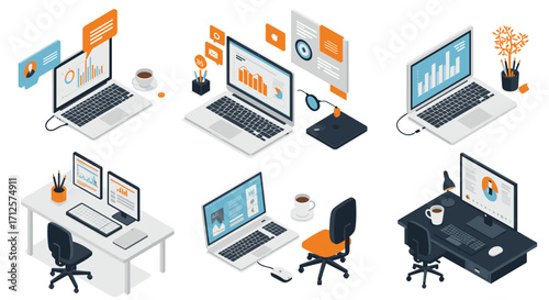 Isometric office workspace with laptops and charts for business and productivity concepts