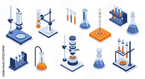 Isometric laboratory equipment set with test tubes and beakers