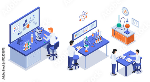 Modern isometric lab scene with scientists conducting experiments