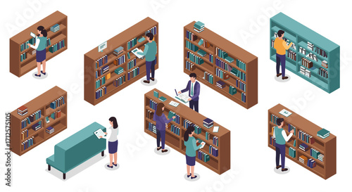 Isometric library scene with people interacting and reading among bookshelves