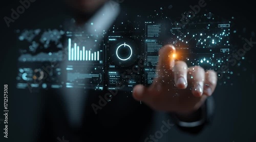 businessman touching virtual screen ,Transparent projection charts and details analysing , business and technology related