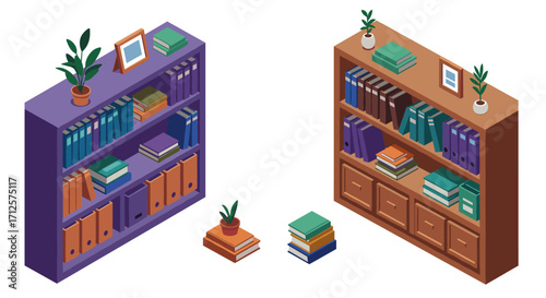 Isometric bookshelves with plants and office supplies