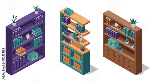 Isometric bookshelves with books and decor: trio of organized office furniture